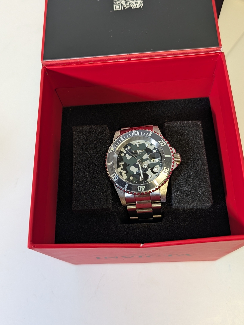 Invicta Men’s Silver Watch with Black and Gray Camouflage Dial